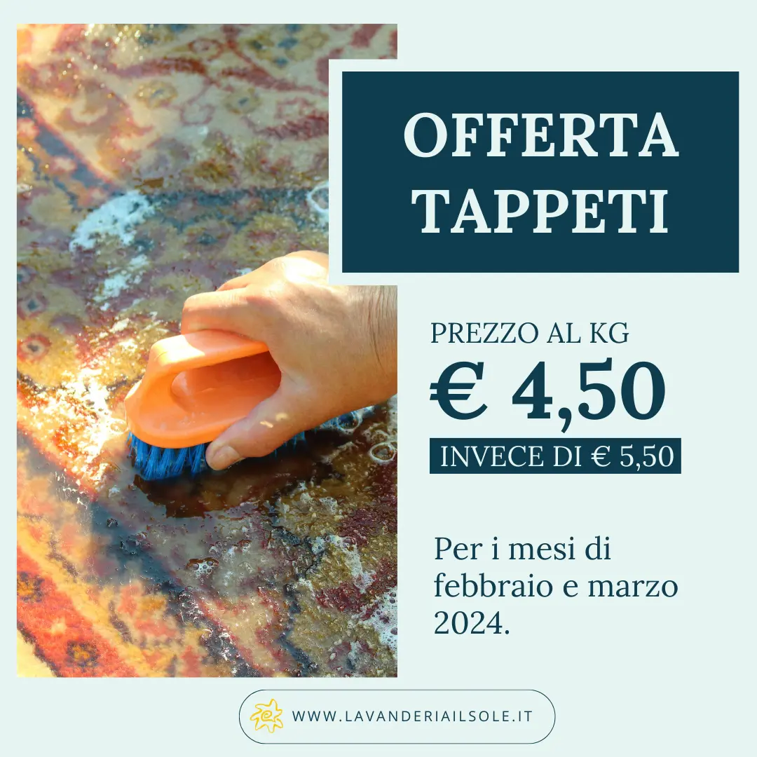 Offerta Tappeti 2024: per febbraio e marzo il lavaggio è scontato a 4.50 euro al kg, anzichè 5,50 € al kg.